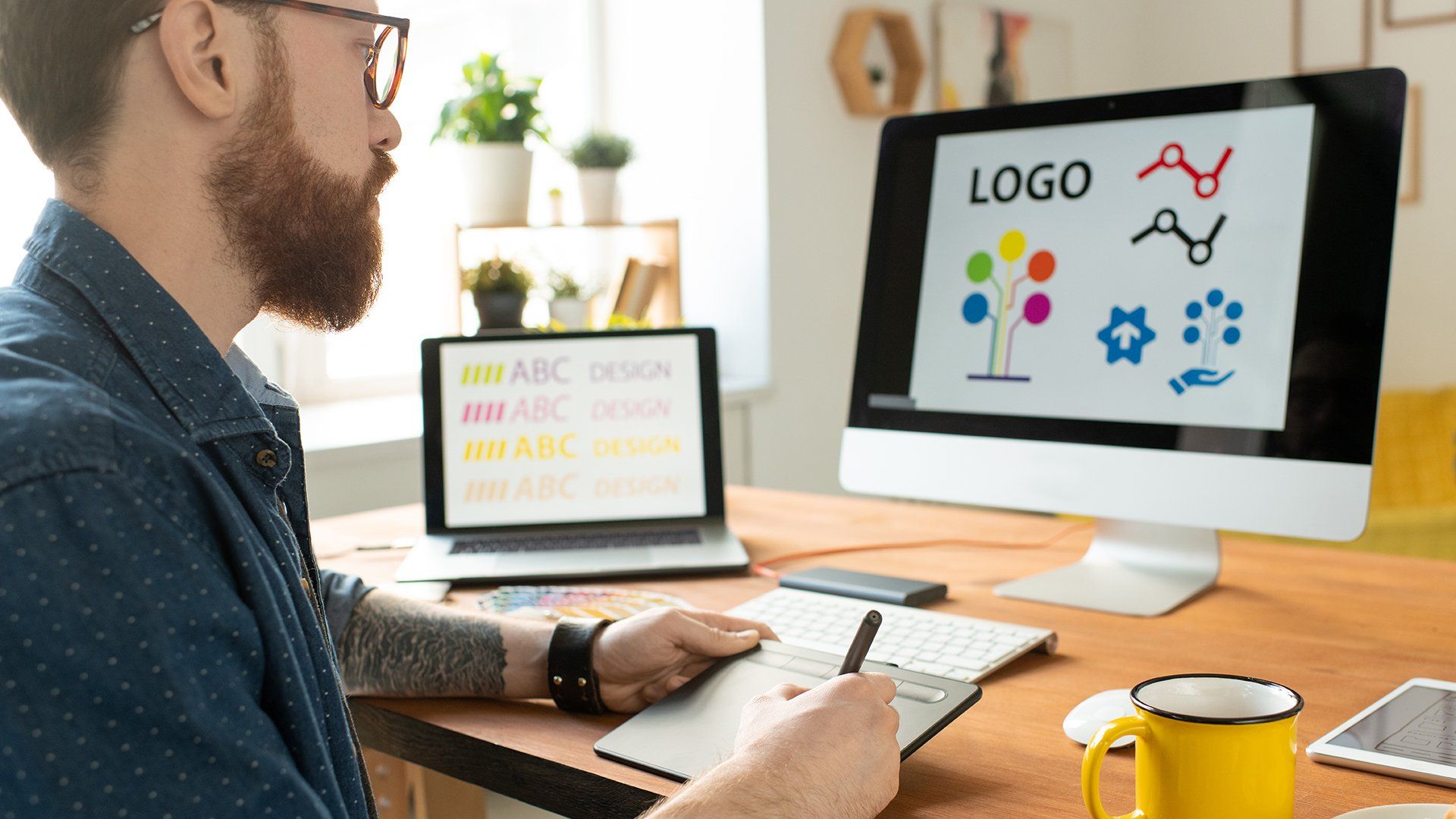 Female doing yoga while watching yoga videos on her laptop