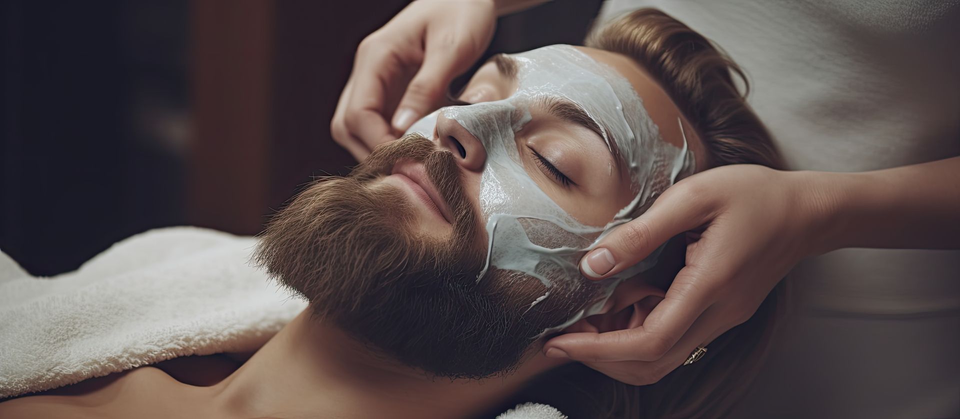 A man with a beard is getting a facial treatment at a spa.