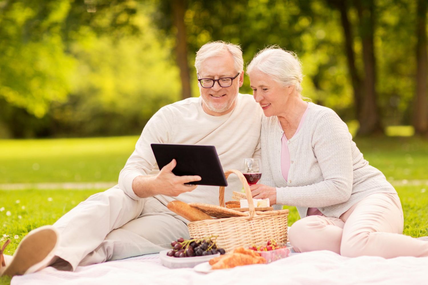 Two people sit on a blanket in a park, smiling while looking at a tablet together near a picnic basket.