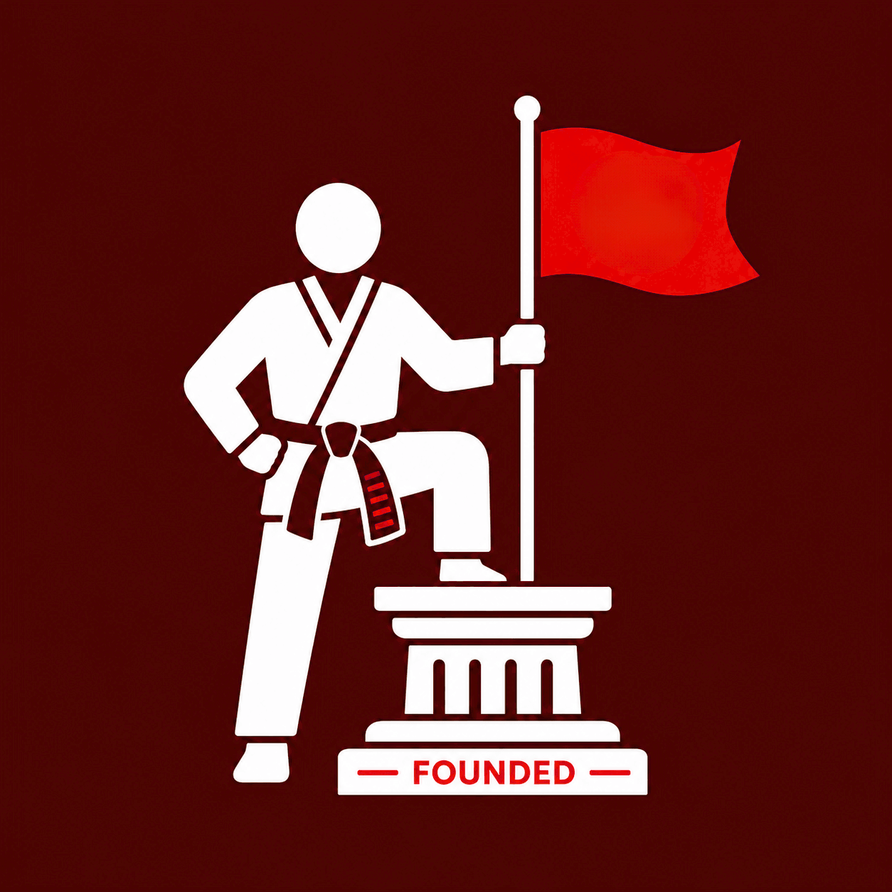 Martial artist statue logo with a red flag and the word “FOUNDED” on a pedestal