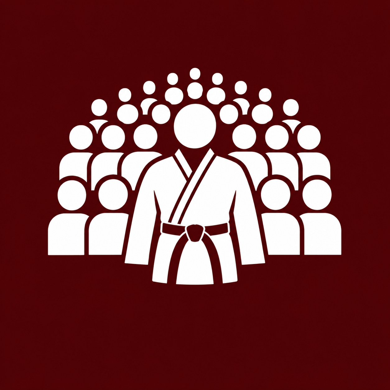 White martial arts group icon on dark red background, with a central uniformed figure before a crowd.