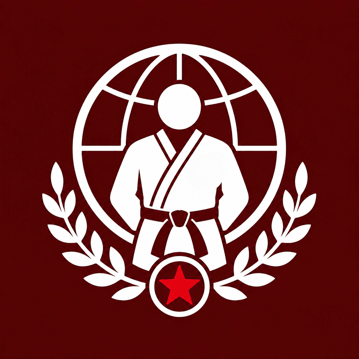 White martial artist emblem with globe, laurel wreath, and red star on a maroon background