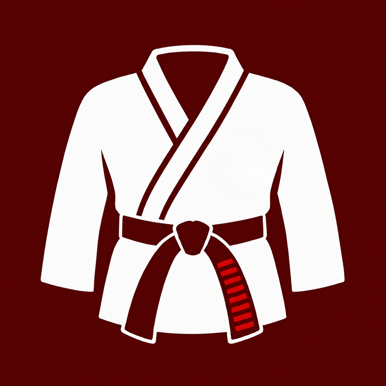 White martial arts gi with black-and-red belt on a dark red background