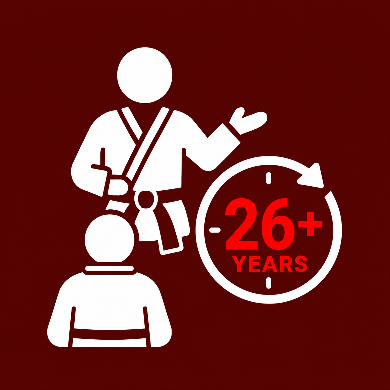 White instructor icon with “26+ YEARS” badge on red background