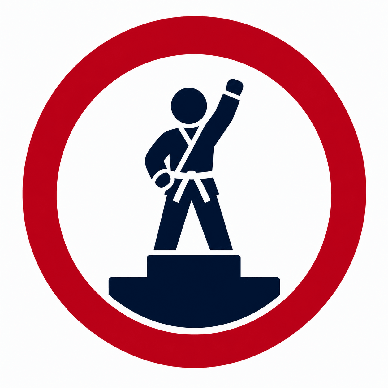 Red circular sign with a dark blue hiker icon carrying a walking stick on a pedestal.