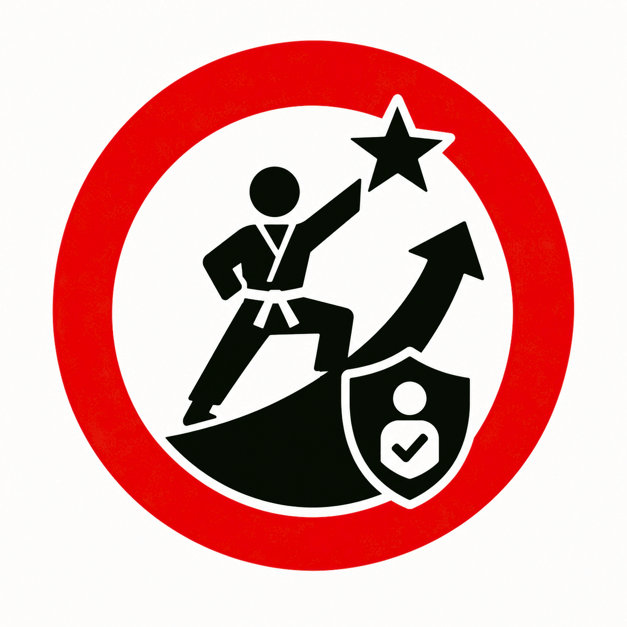 Red warning symbol showing a climber reaching for a star above an upward arrow with a small shield icon