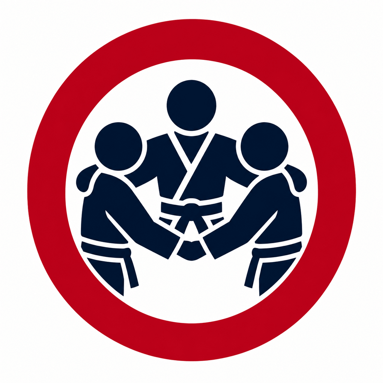 Three people in navy uniforms stacking hands inside a red circle