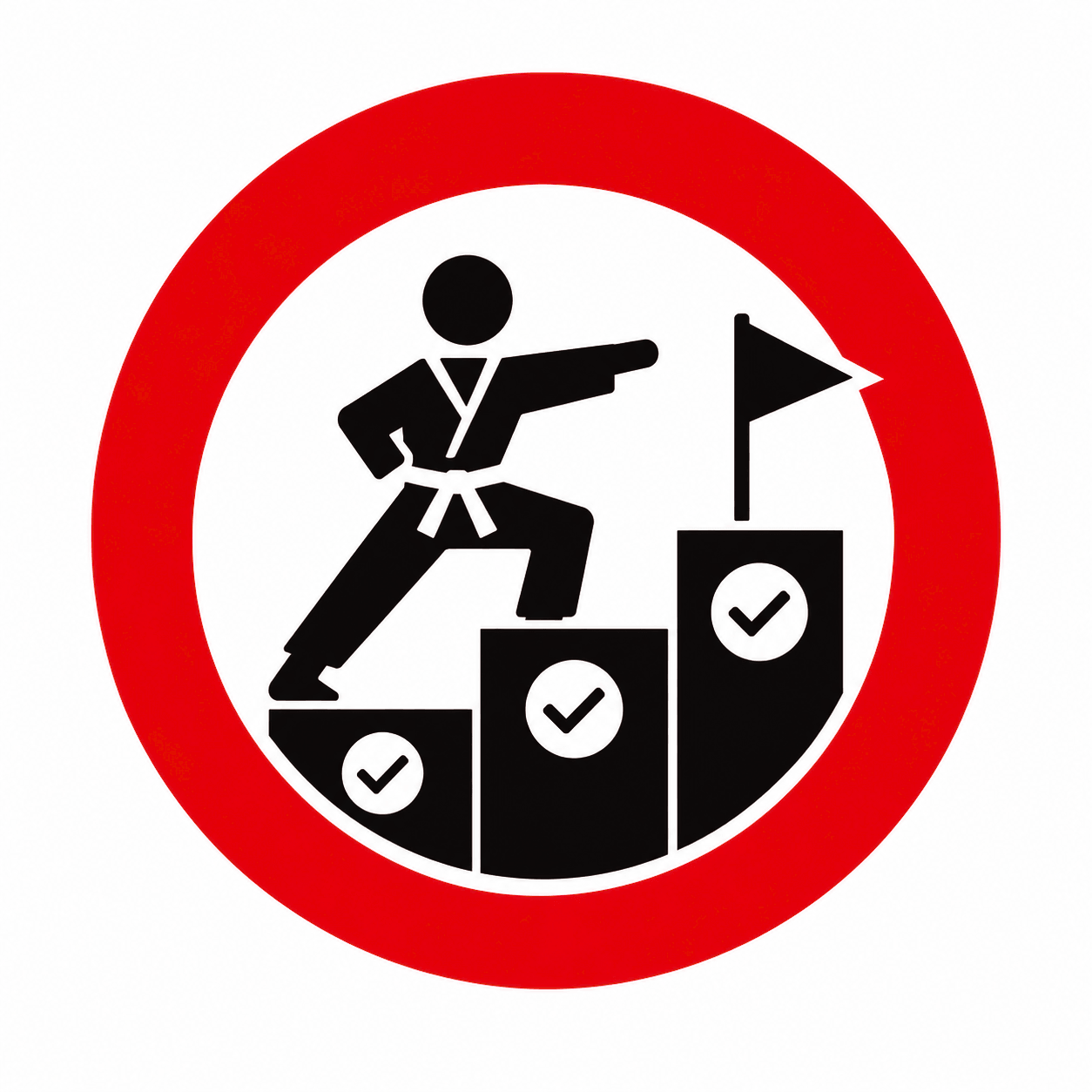 Red circular sign with a person climbing steps to a flag, symbols indicating progress or success.