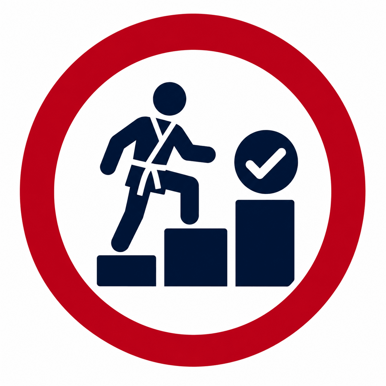 Blue climber icon on a red circle, stepping up bars toward a check mark