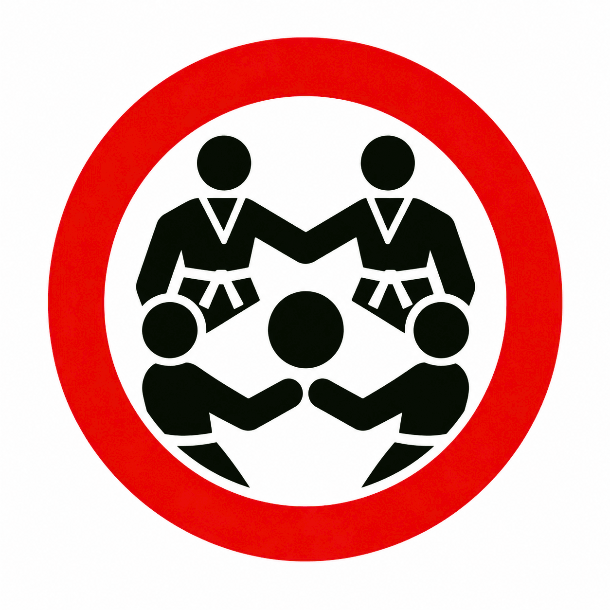 Red prohibition symbol over four stylized people in a circle, holding hands in black and white.