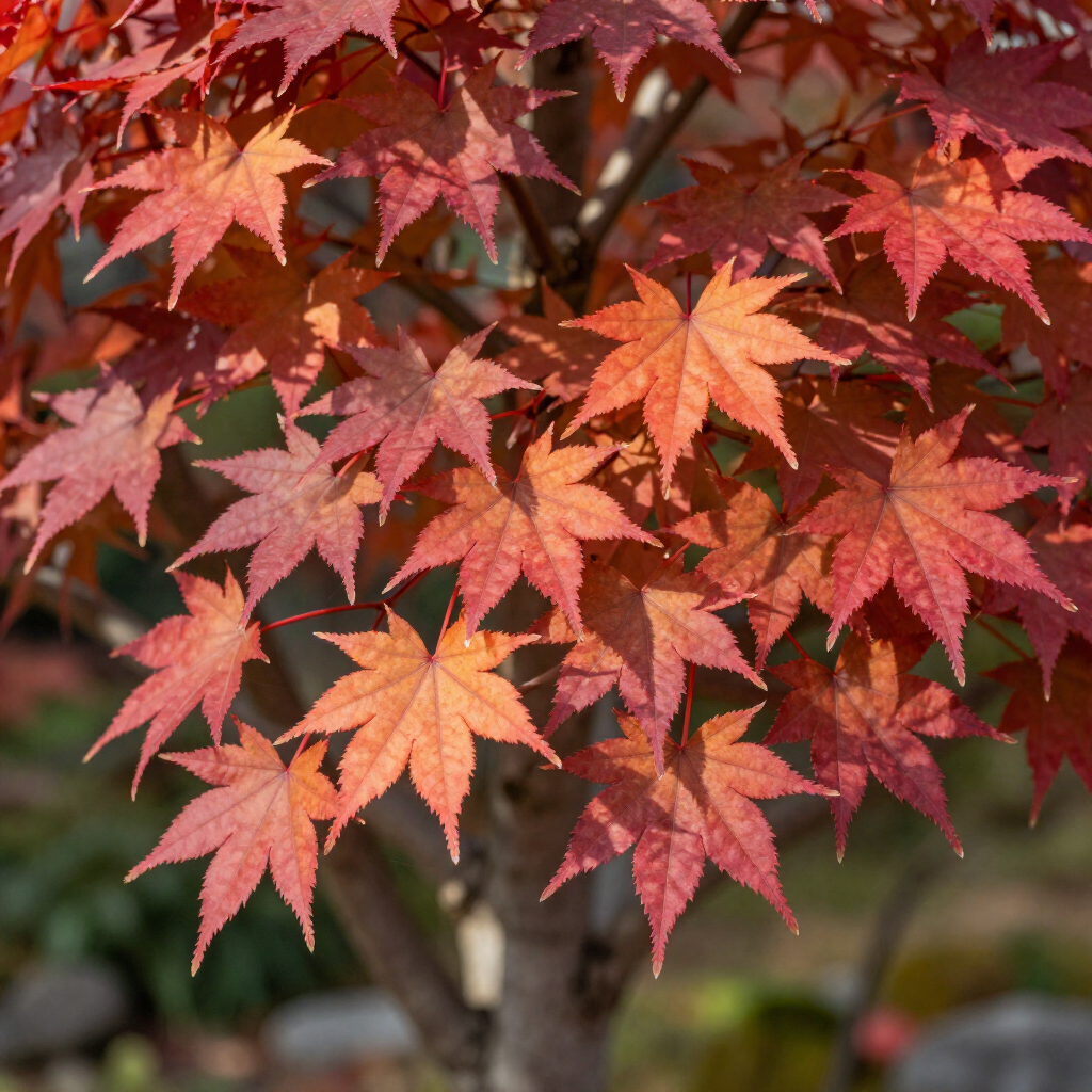 Red and orange maple leaves on a tree branch in autumn
