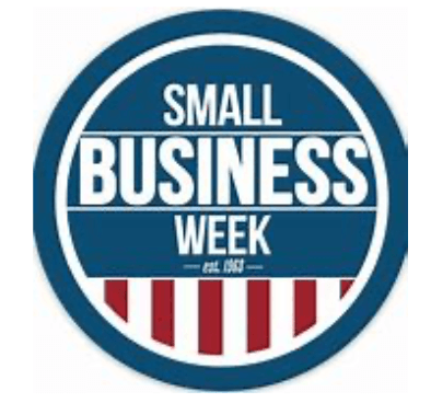 A blue and white circle with small business week written on it