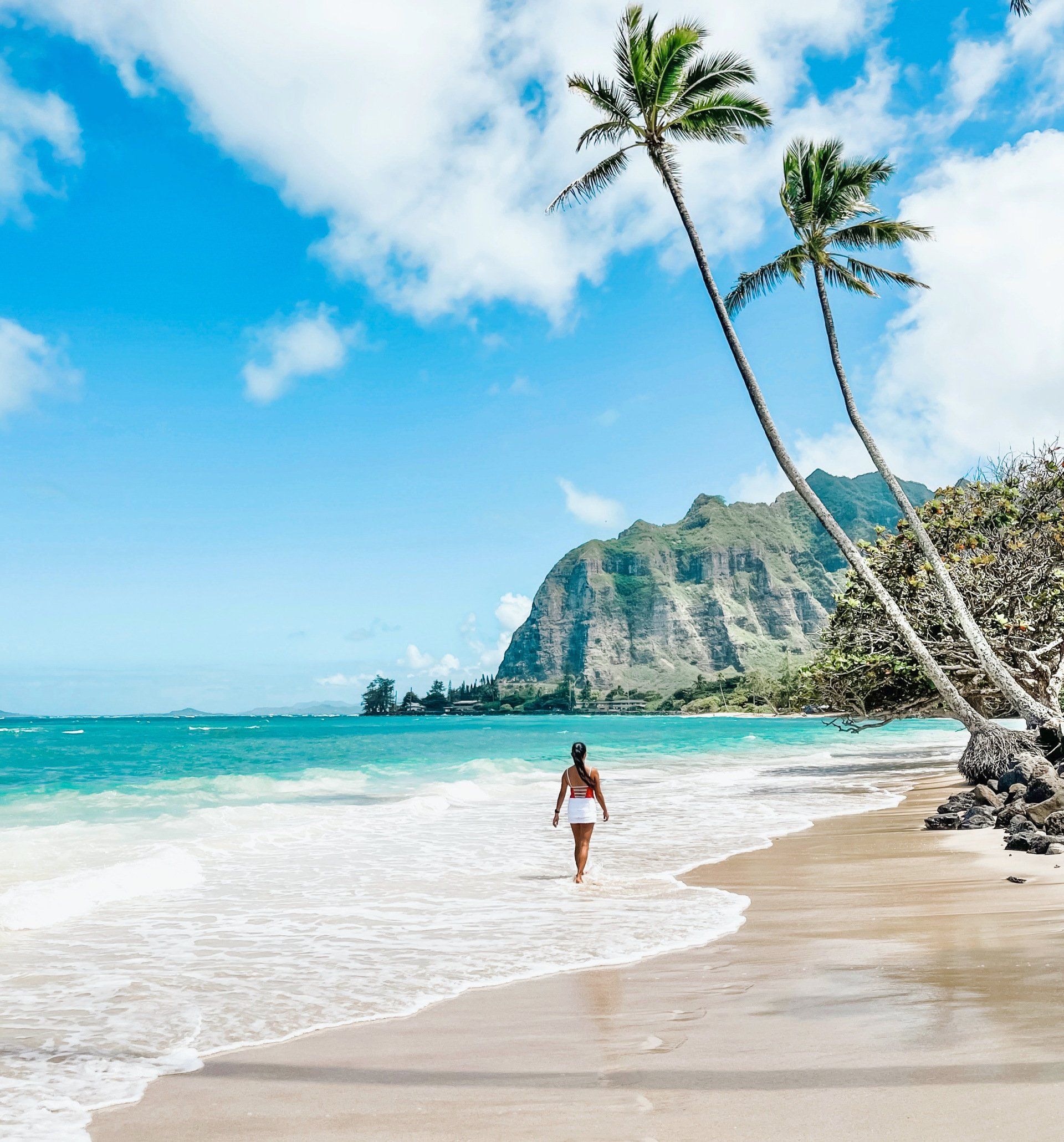 A woman is walking on a beach with palm trees and mountains in the background