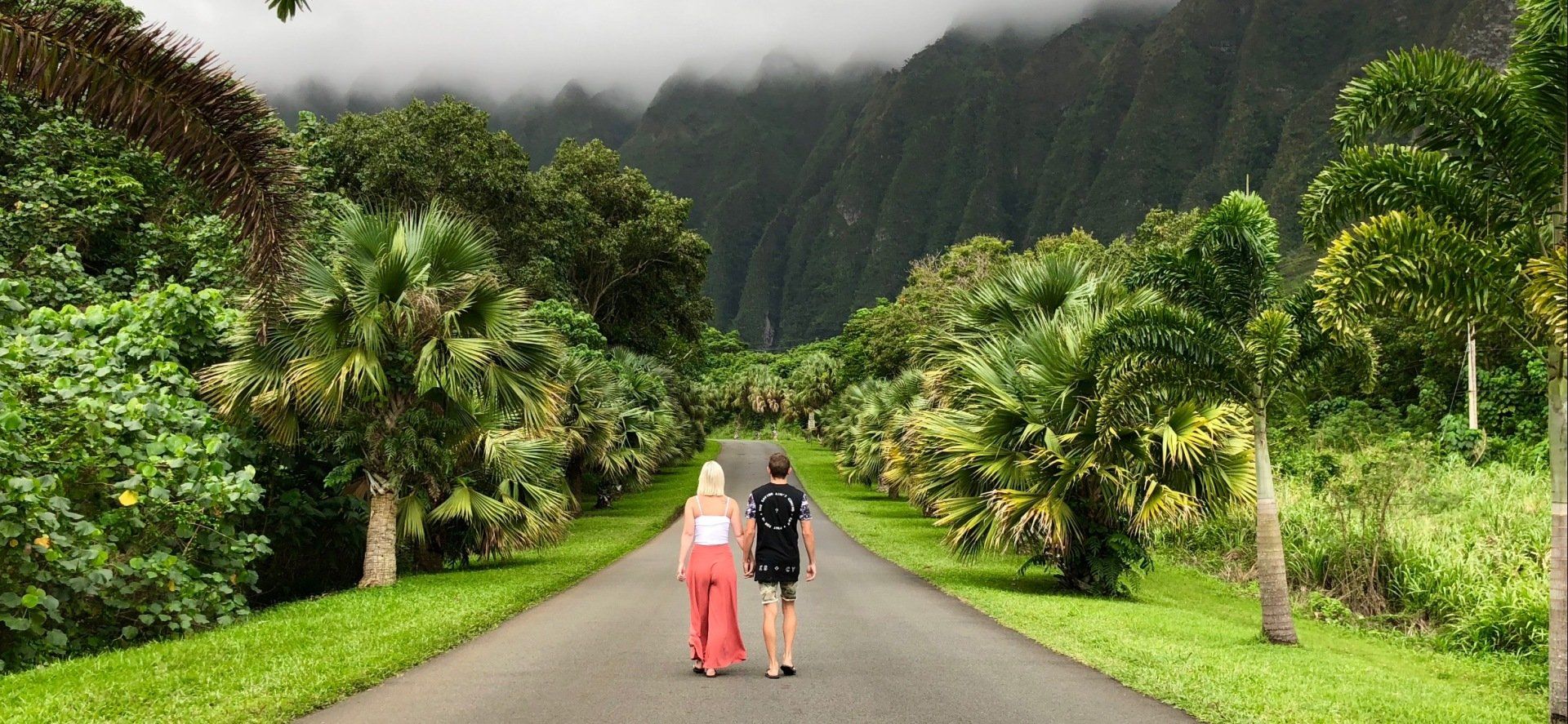 A man and a woman are walking down a road surrounded by trees.
