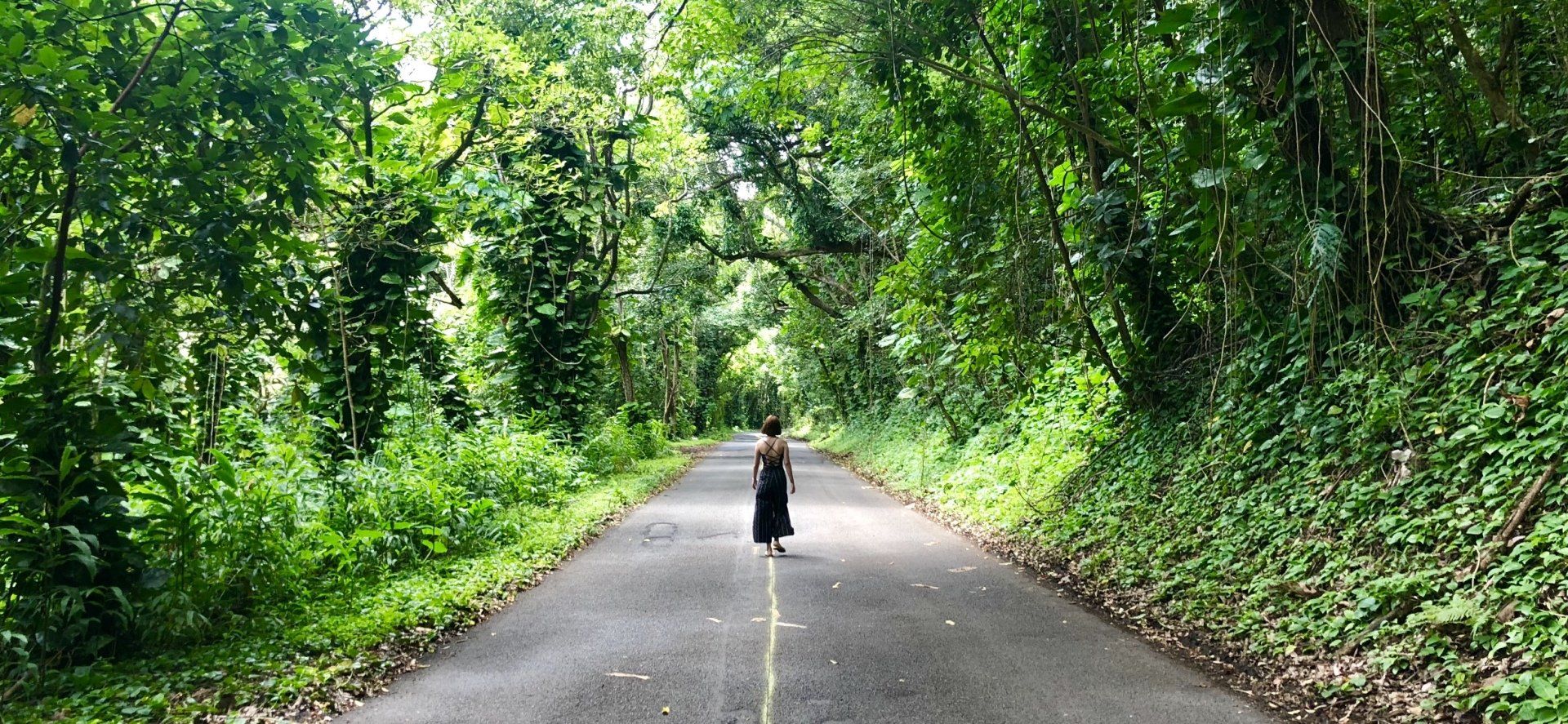 A woman is walking down a road surrounded by trees.