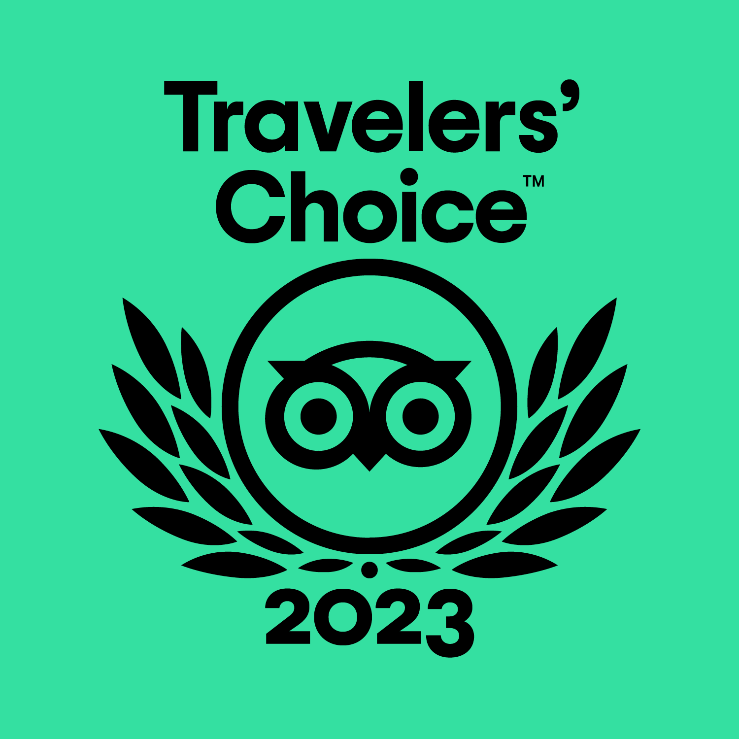 A logo for travelers choice 2023 with an owl and laurel wreath.