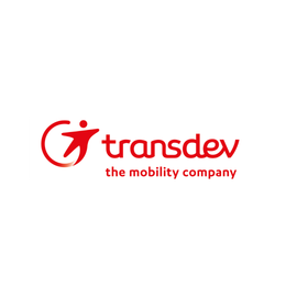 A red and white logo for transdev the mobility company