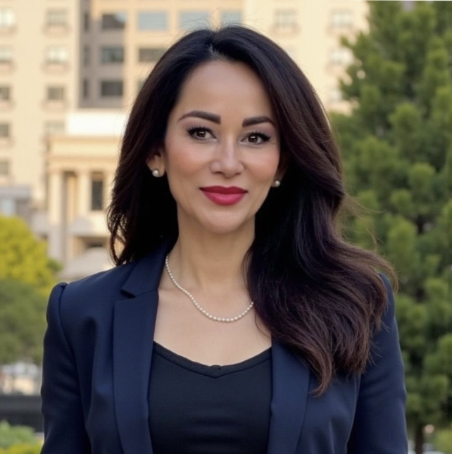 A woman wearing a pink jacket and a red shirt is standing in front of a building.