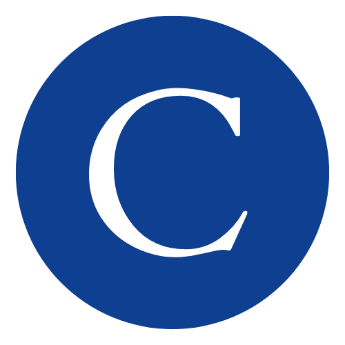 The letter c is in a blue circle on a white background.