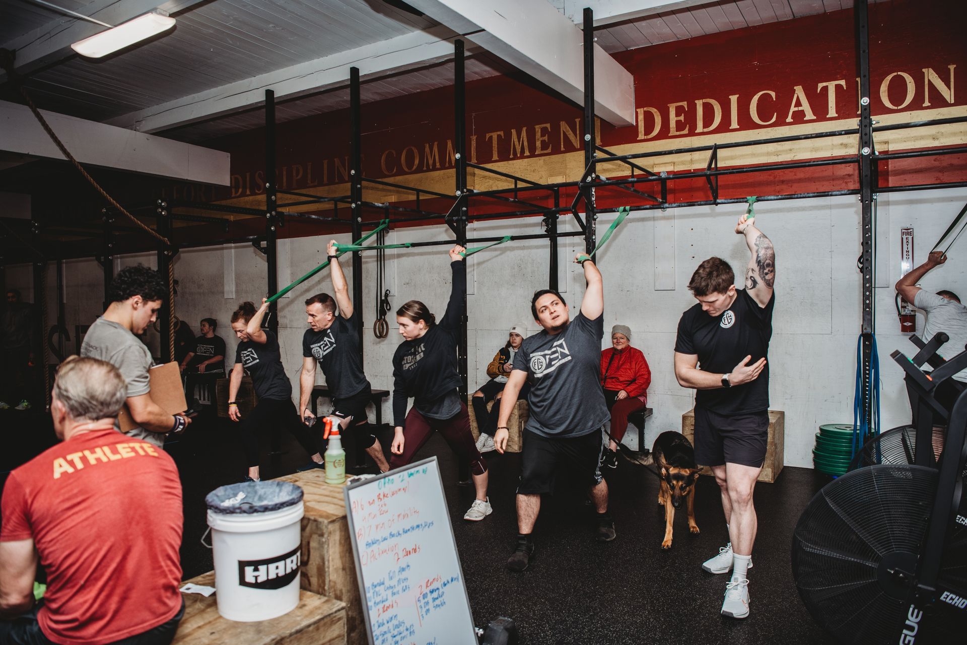 A group of people are doing exercises in a gym.