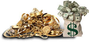 A bag of money next to a pile of gold jewelry