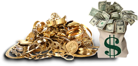 A bag of money next to a pile of gold jewelry