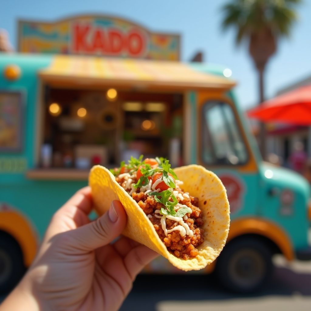 Hand holding a taco in front of a turquoise food truck with 