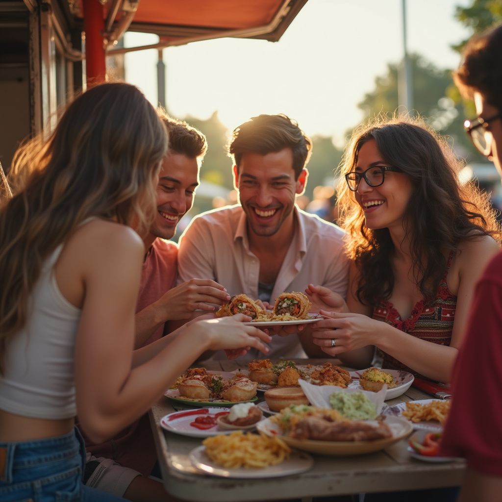 Group of friends smiling and eating at an outdoor restaurant, sharing plates of food.