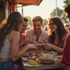 Group of friends smiling and eating at an outdoor restaurant, sharing plates of food.