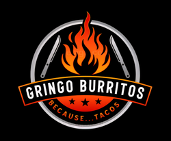 Logo for Gringo Burritos: Circle with flames, knives, and text 