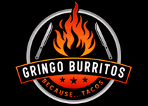 Logo for Gringo Burritos, circular design with flames, knives, and text.