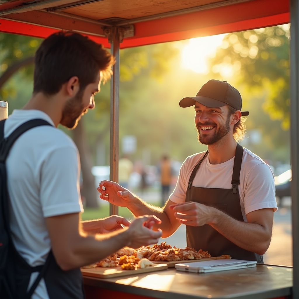 Man buying food from a food cart vendor smiling outdoors.