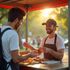 Man buying food from a food cart vendor smiling outdoors.