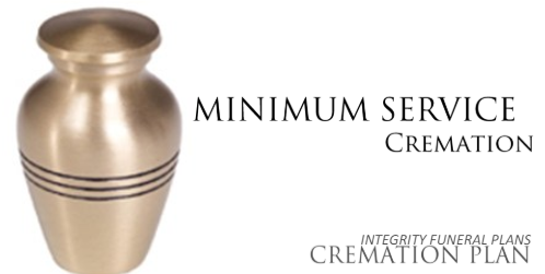 A brass urn with the words minimum service cremation integrity funeral plans cremation plan