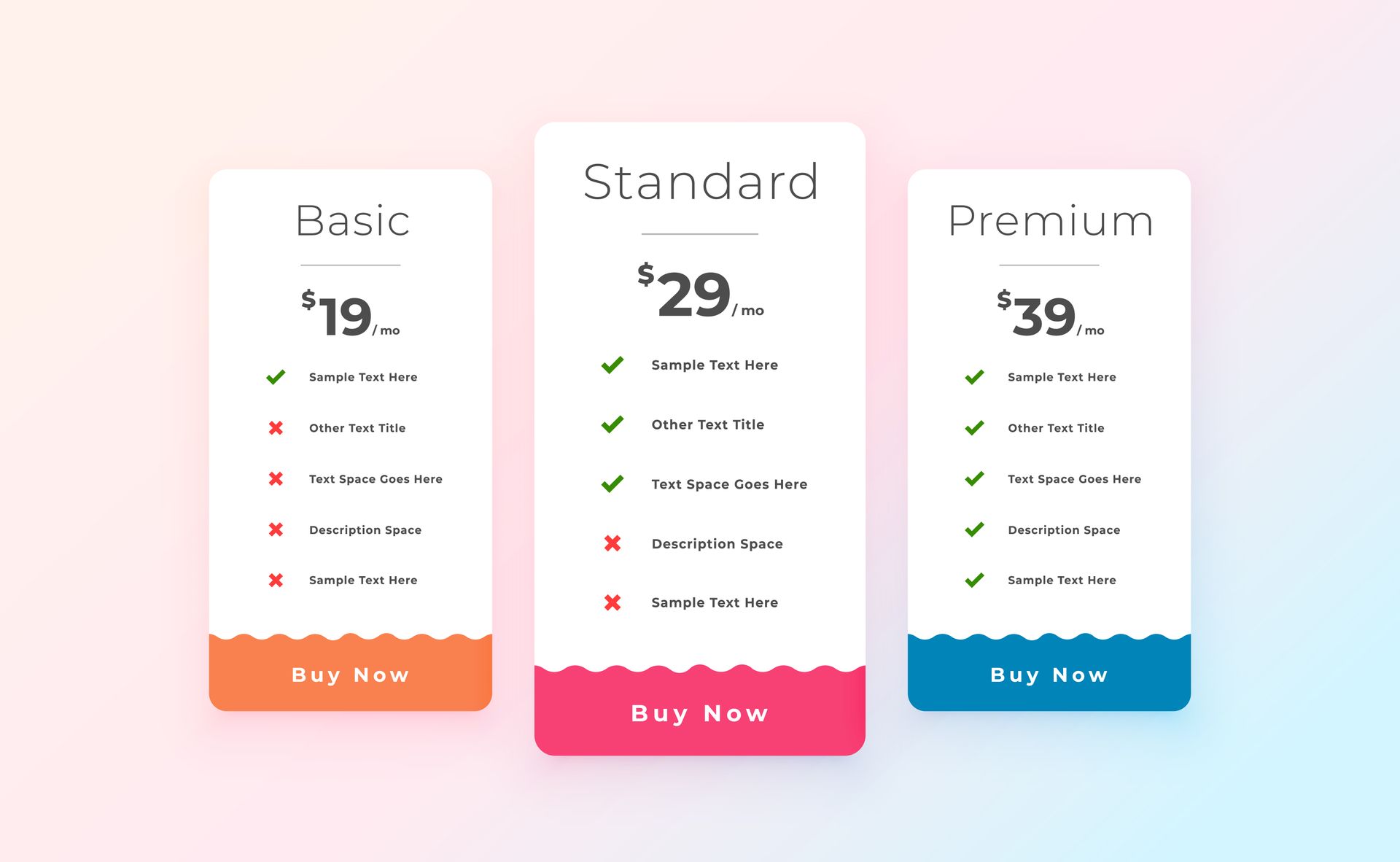 A pricing table with three different pricing levels , basic , standard , and premium.