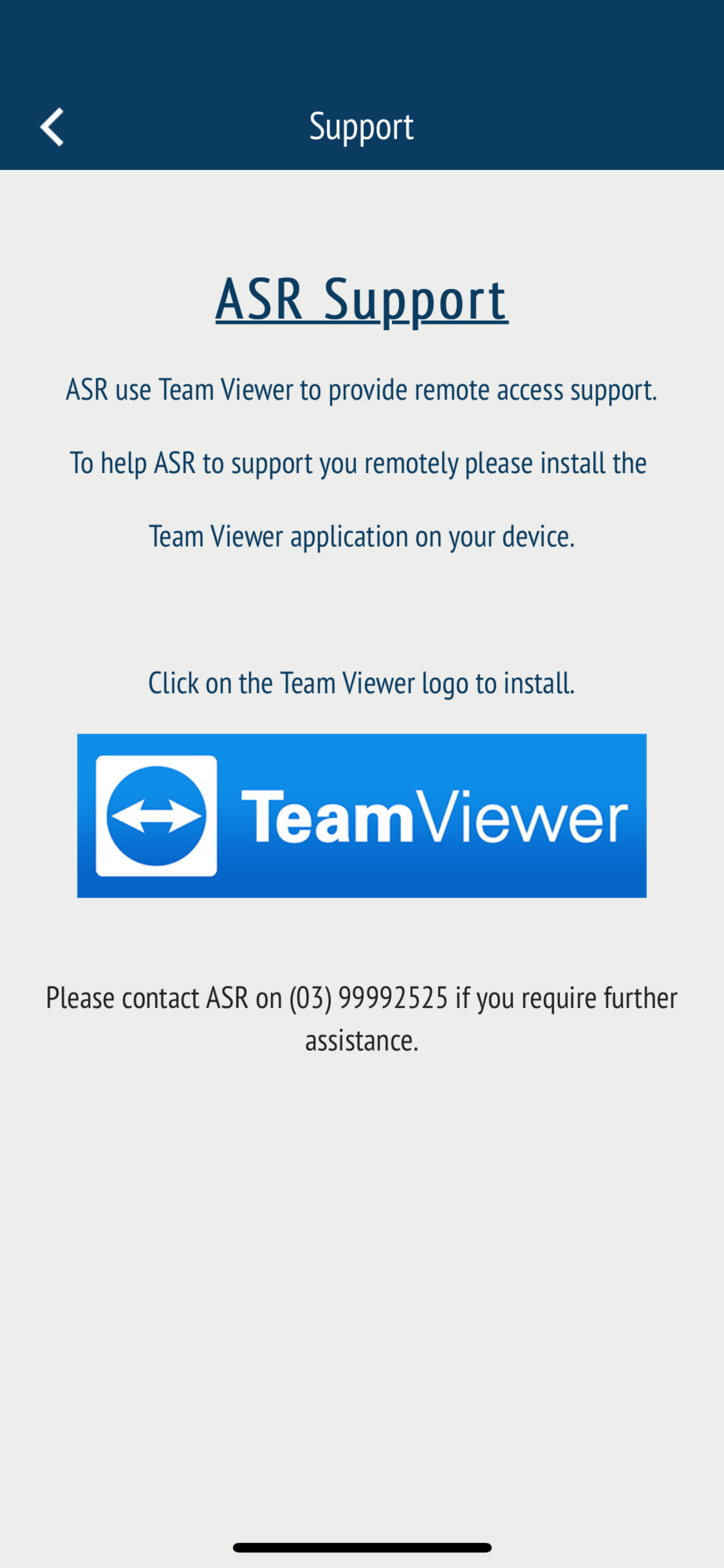 A screenshot of a app that says asr support and teamviewer.