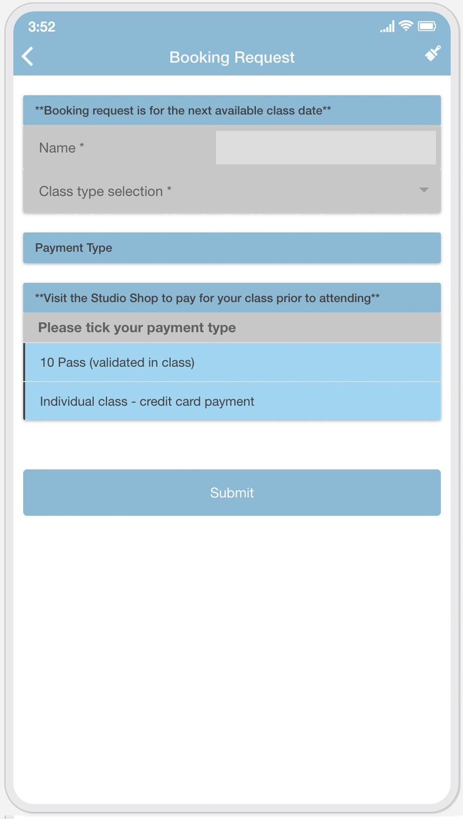 A phone screen shows a screenshot of a booking page.