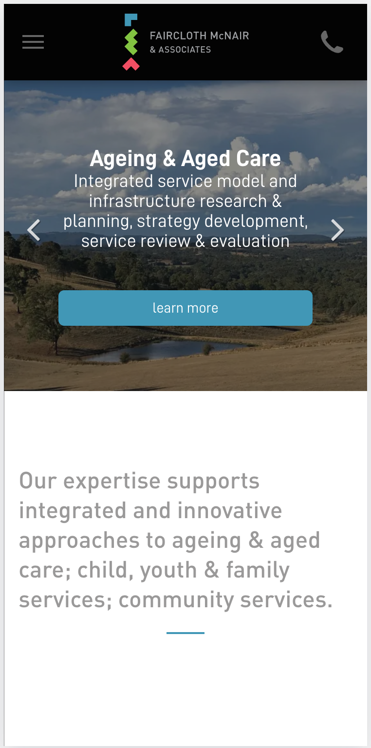 A screenshot of a website for ageing and aged care by Faircloth McNair & associates