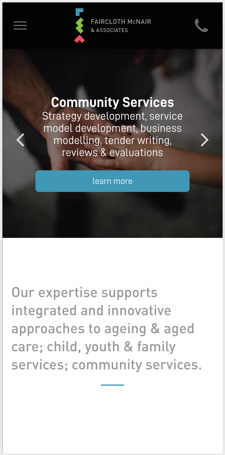 A screenshot of a community services from Faircloth McNair consultants website on a cell phone.