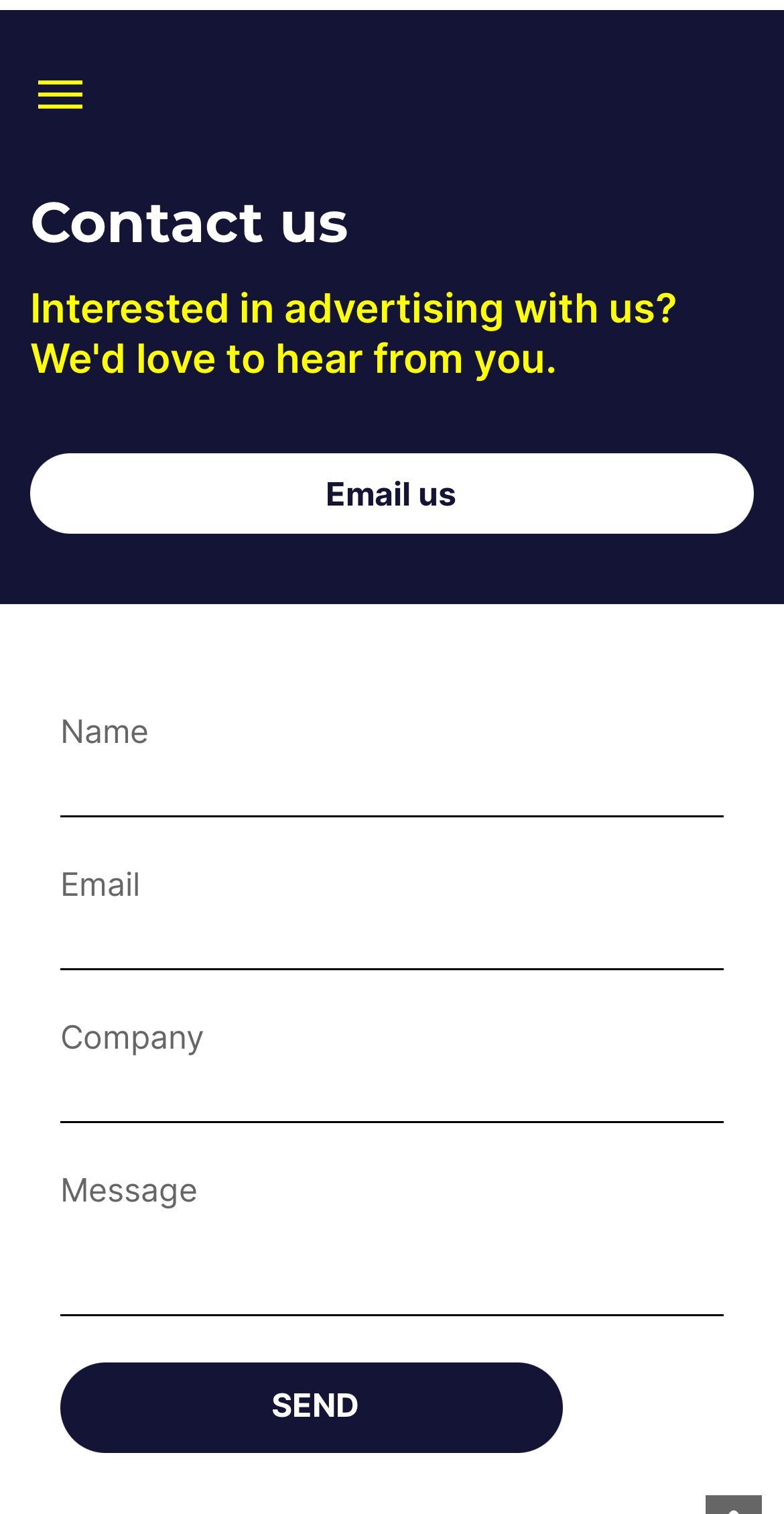 A screenshot of a contact us page on a phone.