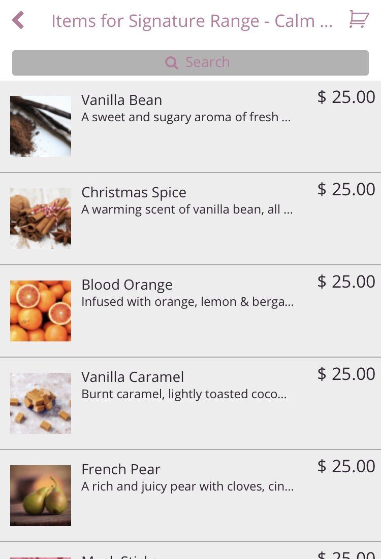 A screenshot of a list of items for signature range calm