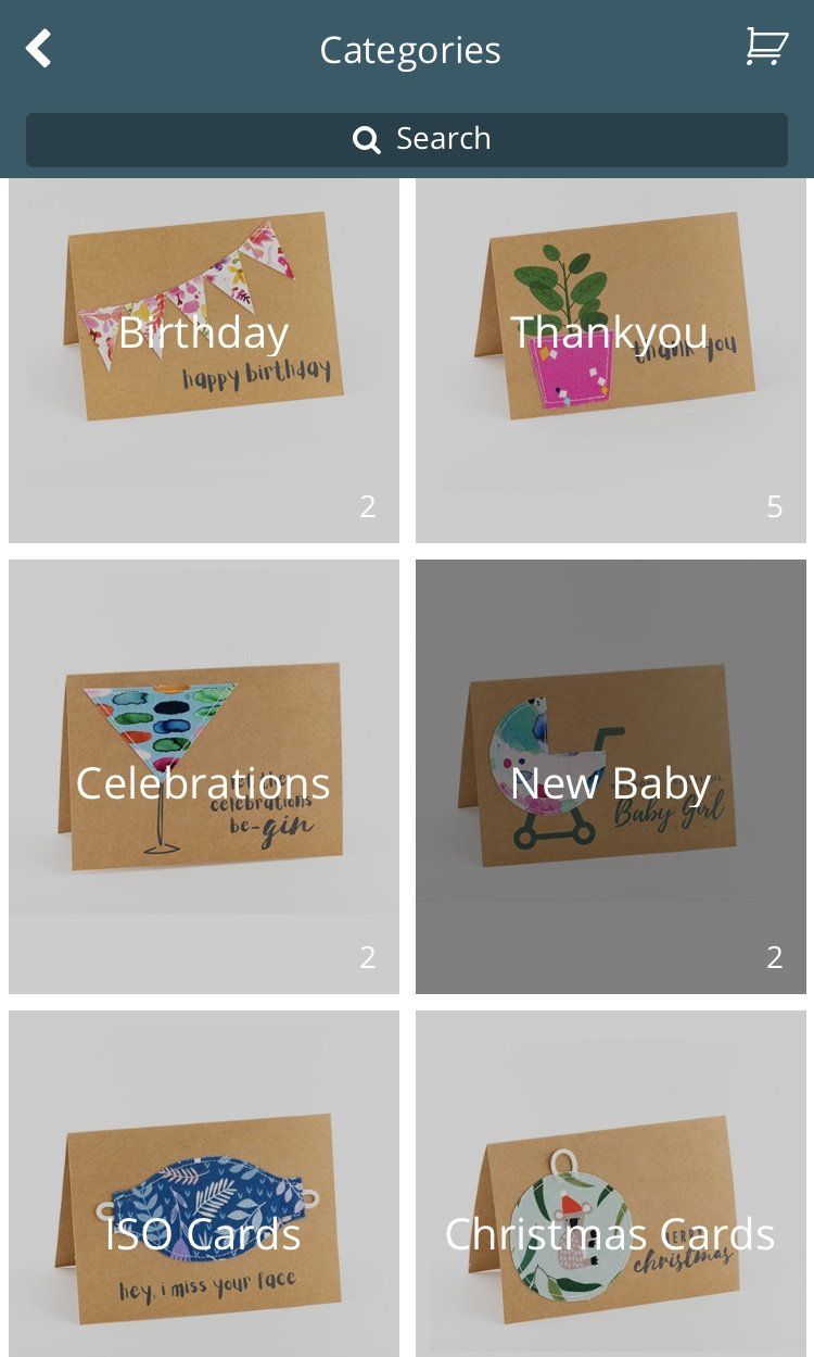 A screenshot of a greeting card app showing different types of cards.
