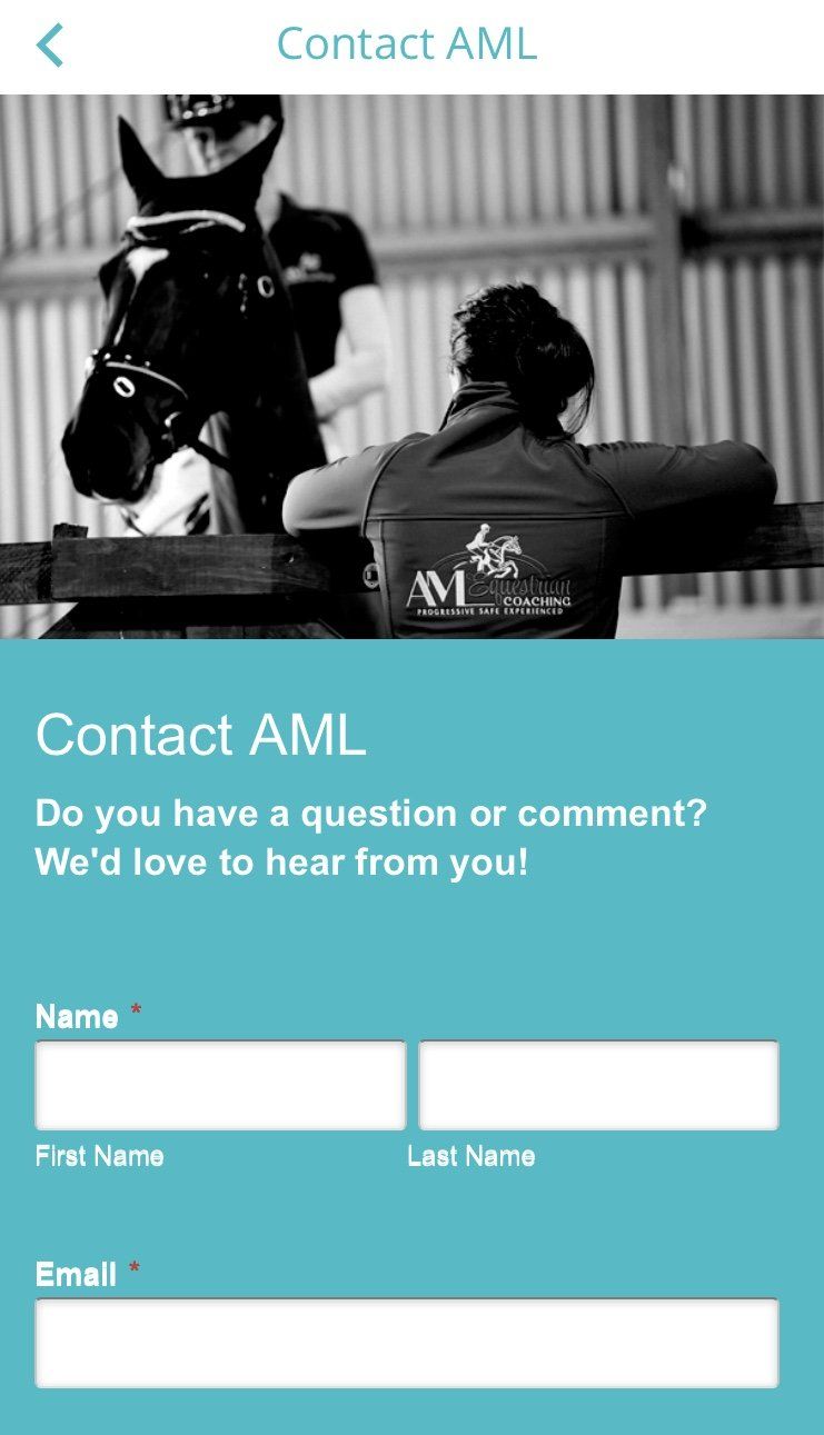 A woman is standing next to a horse on a website that says contact aml.