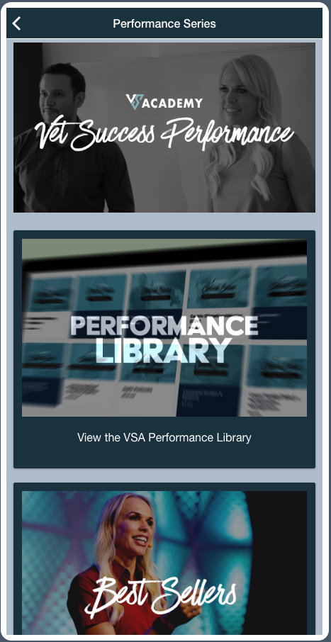 A screenshot of the vet success performance library app.