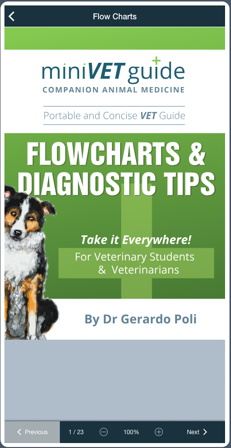 A dog is on the cover of a book titled flowcharts and diagnostic tips.