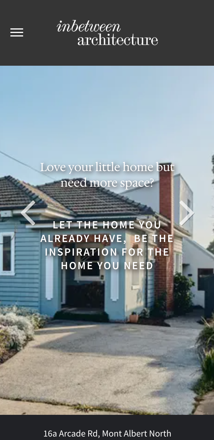 A screenshot of a website with a picture of a house on it. inbetween architecture website