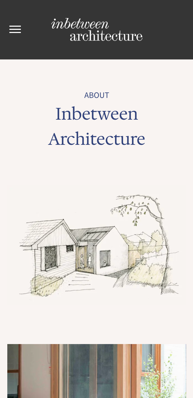 A screenshot of a website for inbetween architecture with a drawing of a house. inbetween architecture website