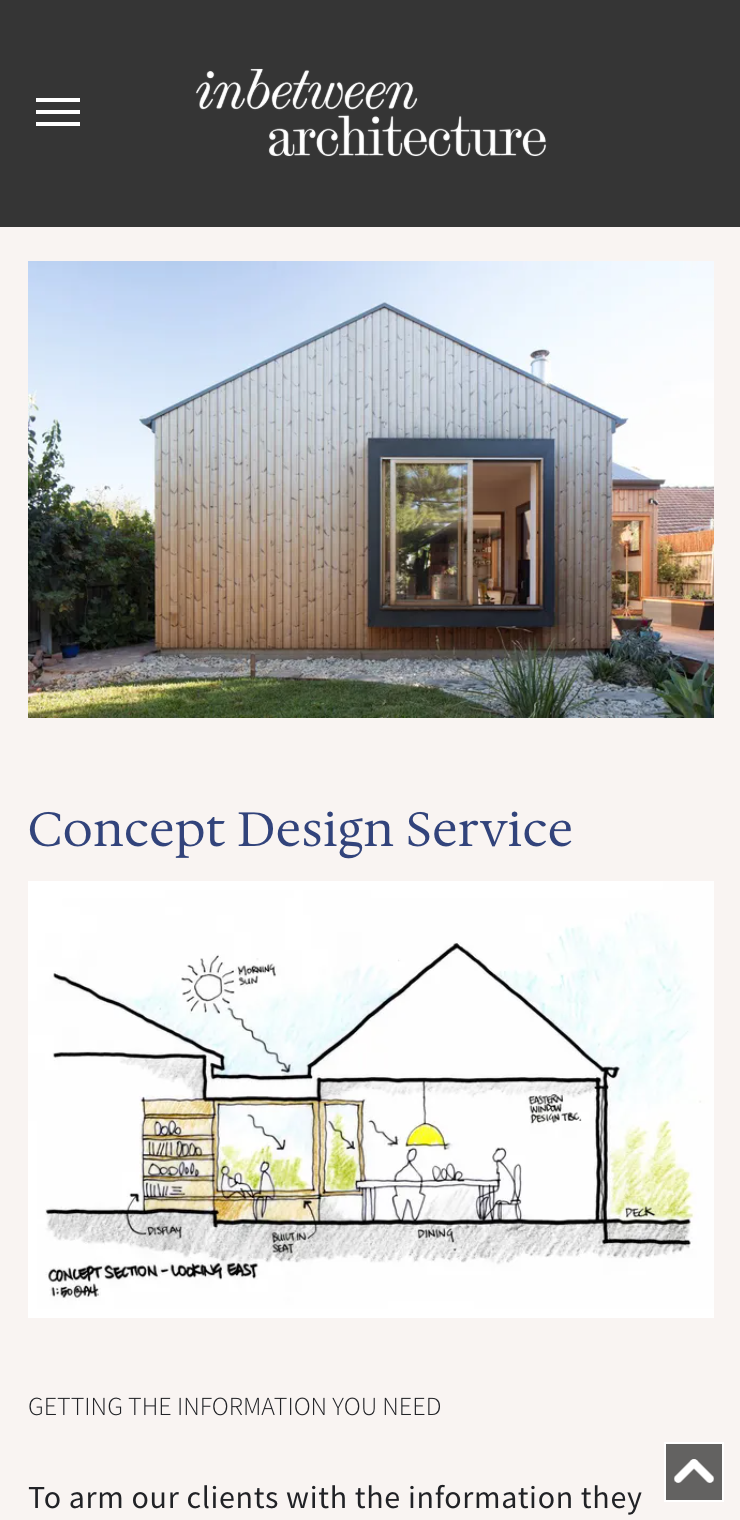 A picture of a house and a drawing of a house on a website. inbetween architecture website
