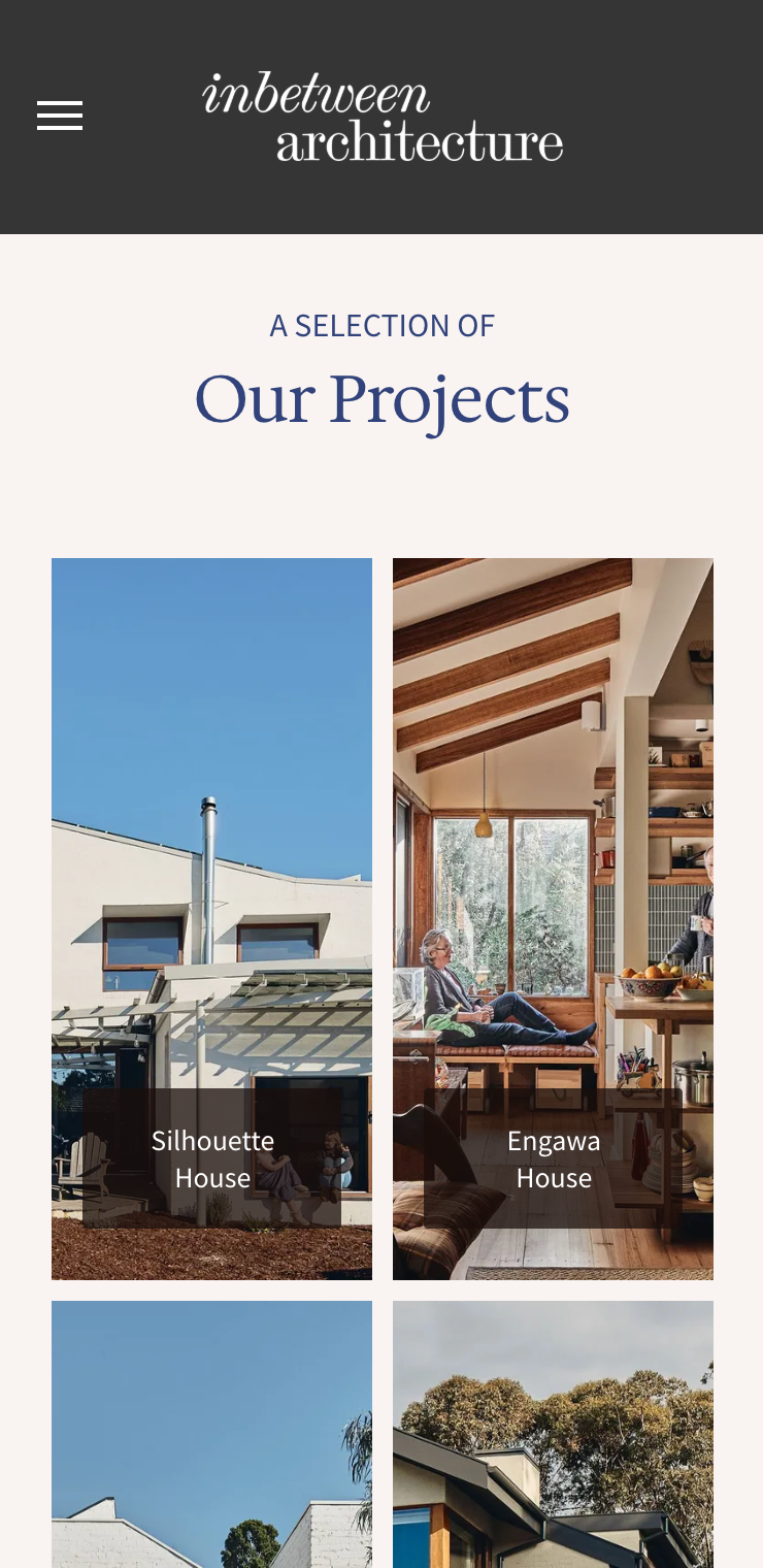 A screenshot of a website showing a selection of our projects. inbetween architecture website
