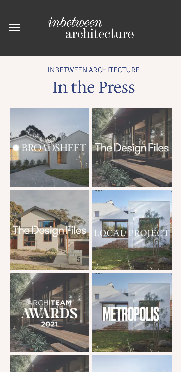 A screenshot of a website titled in the press. inbetween architecture website